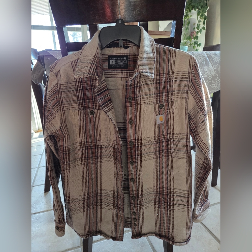 Carhartt Tan and Brown Plaid Button-Down Work Shirt